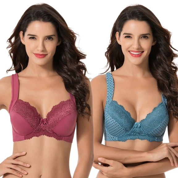 Curve Muse Women's Plus Size Unlined Underwire Lace Bra with Cushion Straps-Bluestone Print,Violet- Size:40DD