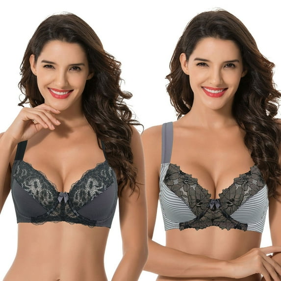Curve Muse Women's Plus Size Unlined Underwire Lace Bra with Cushion Straps-Dk Grey Print, Grey Print-Size:34DDD