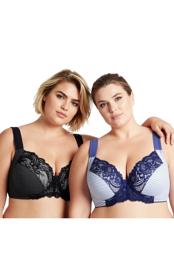 Women's Plus Size Unlined Underwire Lace Bra with Cushion Straps- GREY PRINT, NAVY PRINT- Size:40DD