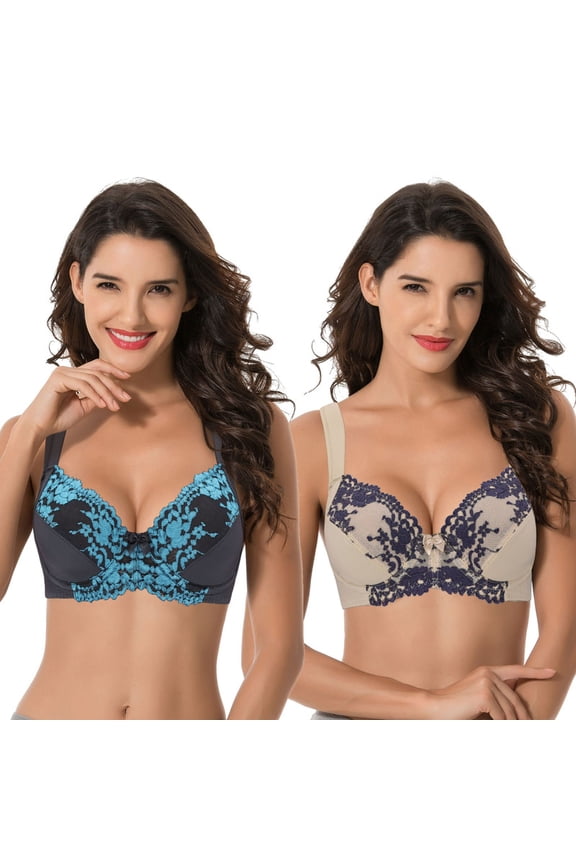 Women's Plus Size Unlined Underwire Lace Bra with Cushion Straps-Grey,Nude-Size:34C