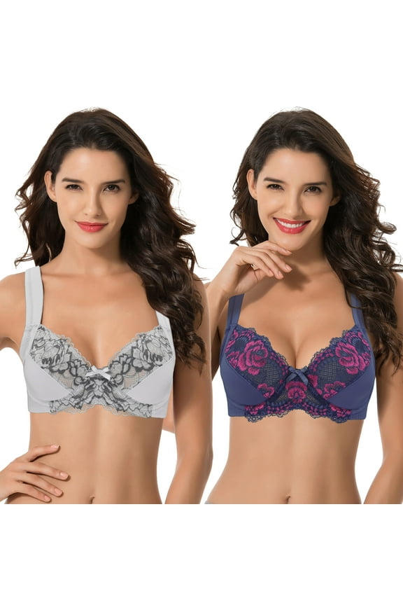 Women's Plus Size Unlined Underwire Lace Bra with Cushion Straps-Light Grey,Navy-Size:34C