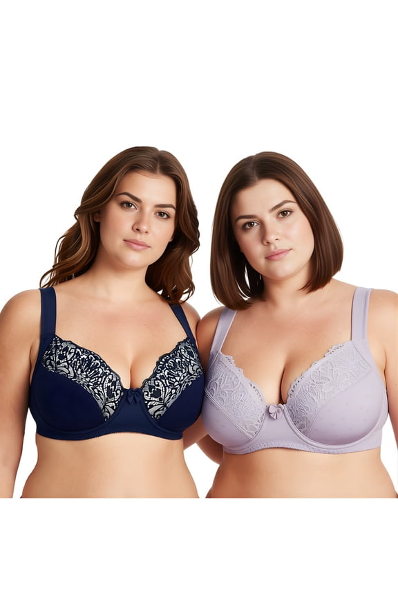 Women's Plus Size Unlined Underwire Lace Bra with Cushion Straps-Navy, Mauve-Size:38B