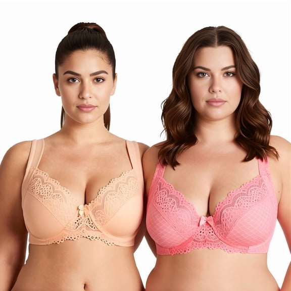Curve Muse Women's Plus Size Unlined Underwire Lace Bra with Cushion Straps-PINK PRINT,NUDE- Size:34B