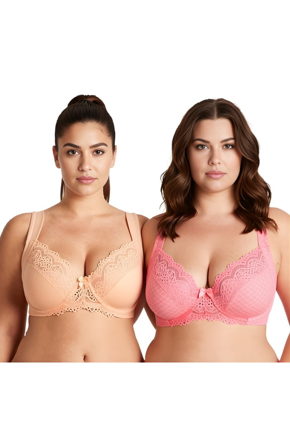 Women's Plus Size Unlined Underwire Lace Bra with Cushion Straps-PINK PRINT,NUDE- Size:48B