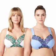 Curve Muse Women's Plus Wireless Unlined Bra with Embroidery Lace, 2 Pack, 34C