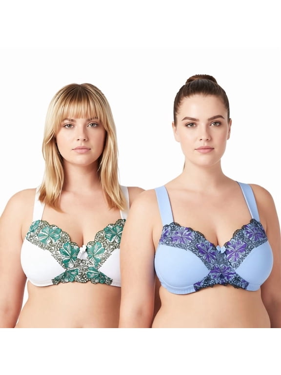 Women's Plus Wireless Unlined Bra with Embroidery Lace, 2 Pack, 34C