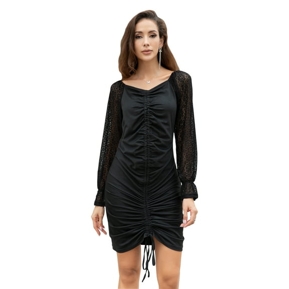 Curve Muse Women's Ruched Sheer Lace Long Sleeve Ruched Dress-Black-L
