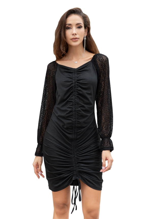 Women's Ruched Sheer Lace Long Sleeve Ruched Dress-Black-L