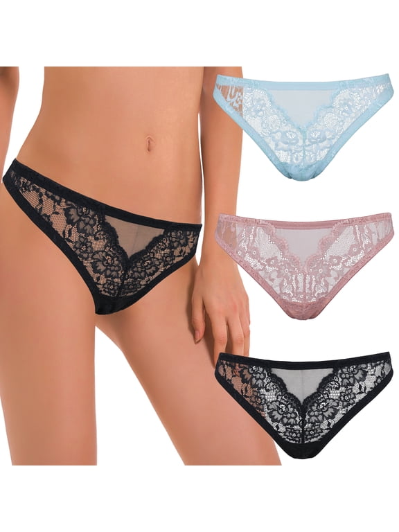 Women’s Sexy Lace Thong Bikini G-String Underwear Panties-3 Pack-Blue,Mauve,Black-XXL