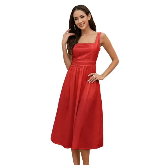 Curve Muse Women's Solid Color Straight Neck Strap Midi Ruffle Dress-Red-L