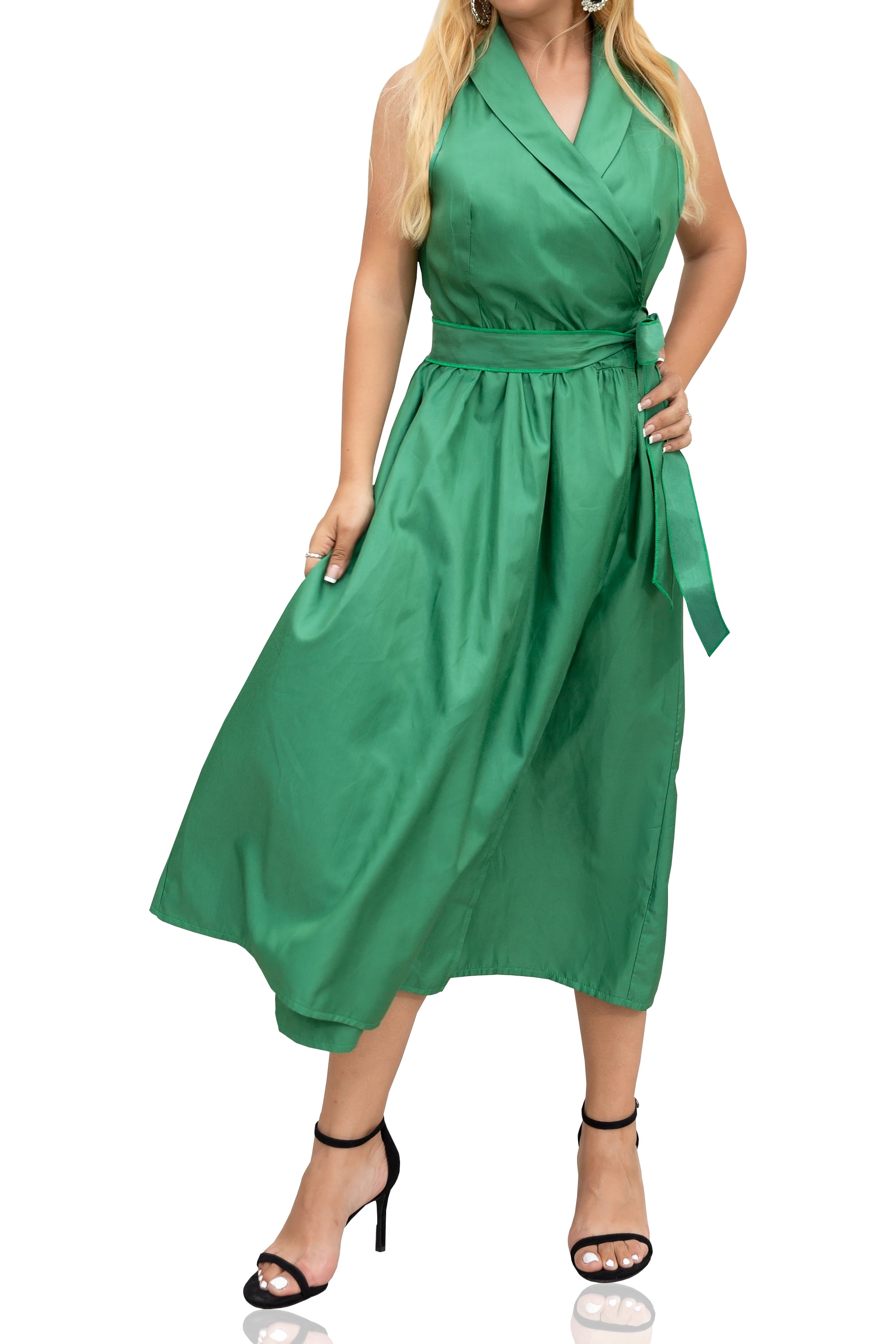 Curve Muse Women's Solid Sleeveless V Neck Tie waist Wrapped Dress-Green-M