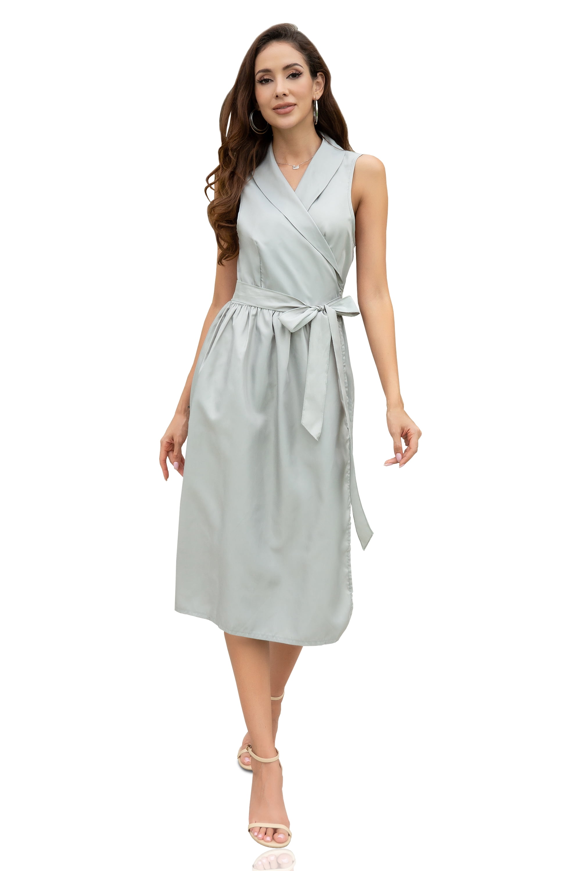 Curve Muse Women's Solid Sleeveless V Neck Tie waist Wrapped Dress-Grey-XL