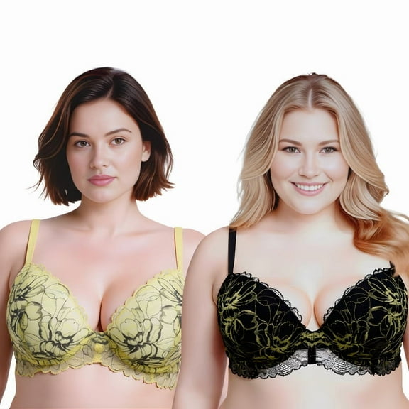Curve Muse Women's Underwire Plus Size Push Up Add 1 and a Half Cup Lace Bras-2PK-Black,Yellow-32B