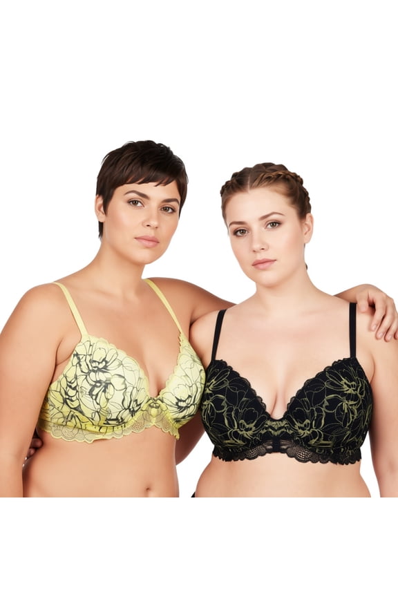 Women's Underwire Plus Size Push Up Add 1 and a Half Cup Lace Bras-2PK-Black,Yellow-32B