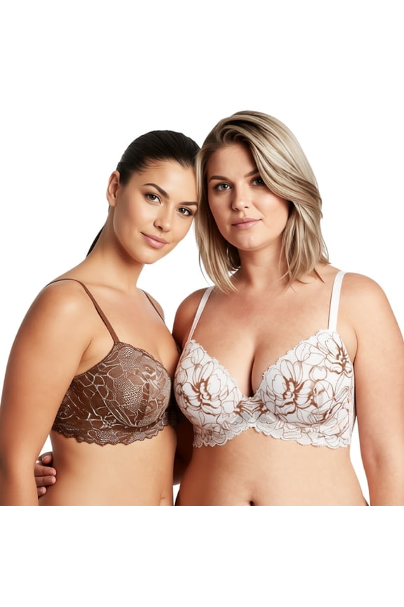 Women's Underwire Plus Size Push Up Add 1 and a Half Cup Lace Bras-2PK-Cream/Brown,Brown/Rose Gold-34C