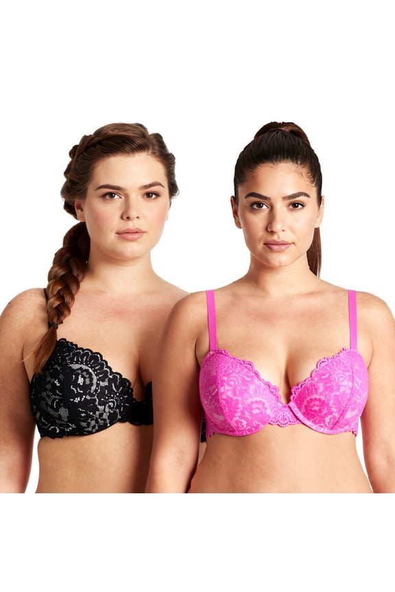 Women's Underwire Plus Size Push Up Add 1 and a Half Cup Lace Bras-2PK-Hot Pink,Black-32C