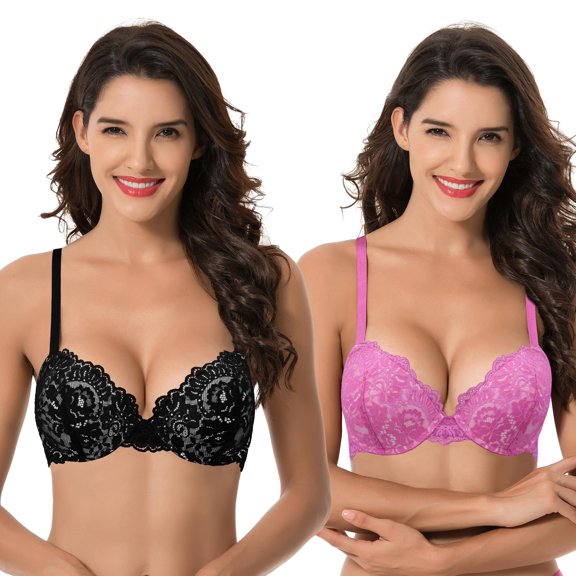 Curve Muse Women's Underwire Plus Size Push Up Add 1 and a Half Cup Lace Bras-2PK-Hot Pink,Black-42C