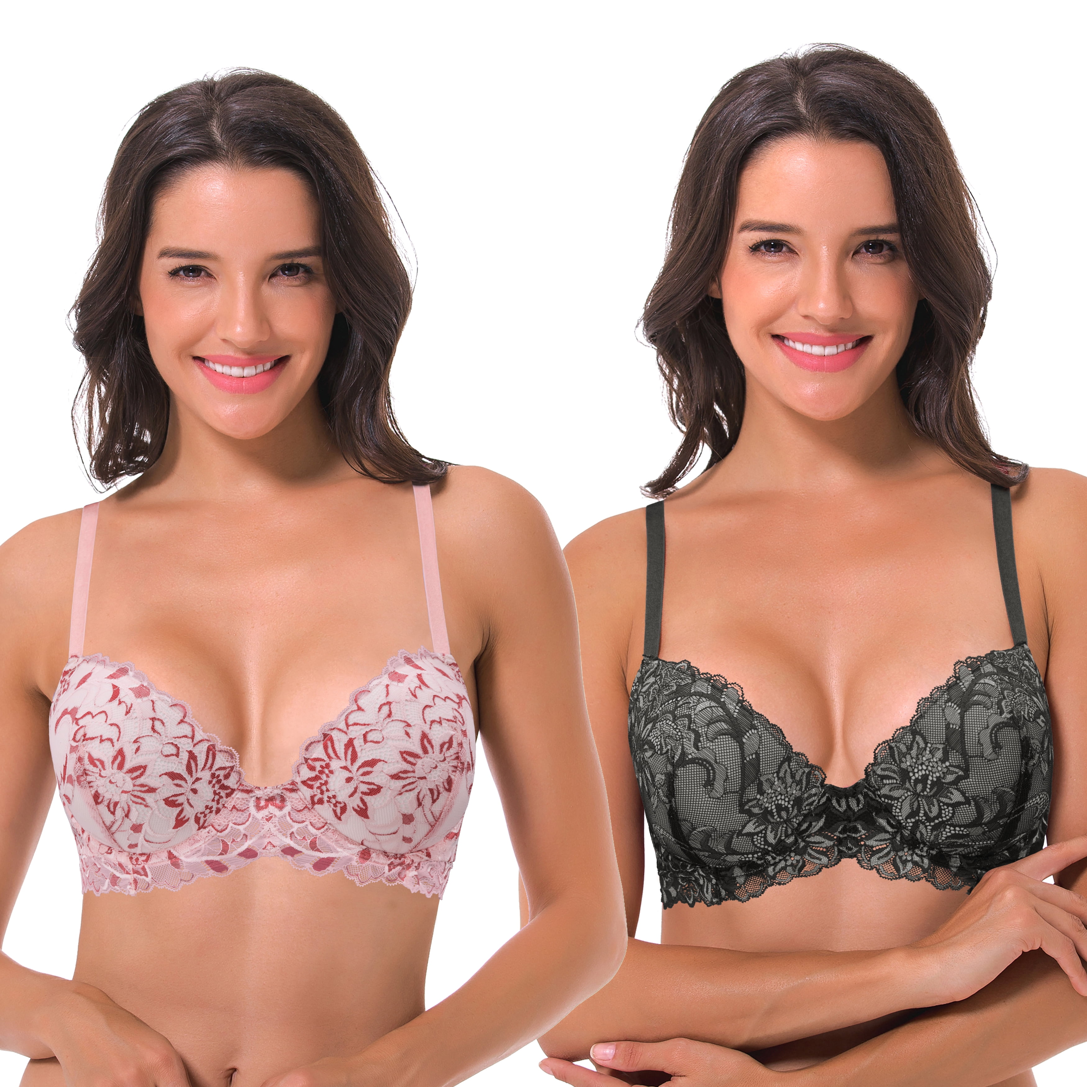 Curve Muse Women's Underwire Plus Size Push Up Add 1 and a Half Cup Lace  Bras-2PK-White/Red,Black/Grey-36D 