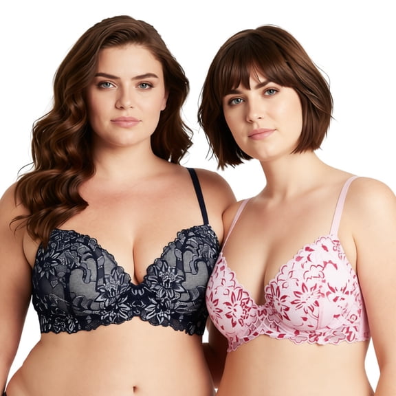 Curve Muse Women's Underwire Plus Size Push Up Add 1 and a Half Cup Lace Bras-2PK-White/Red,Black/Grey-42DD