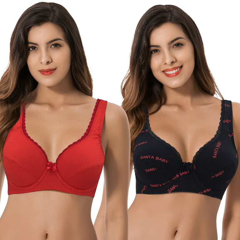 Curve Muse Women’s Unlined Plus Size Comfort Cotton Underwire  Bra-Black/Red,Red-38D