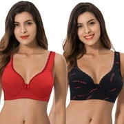 Curve Muse Women’s Unlined Plus Size Comfort Cotton Underwire Bra-Black/Red,Red-48B