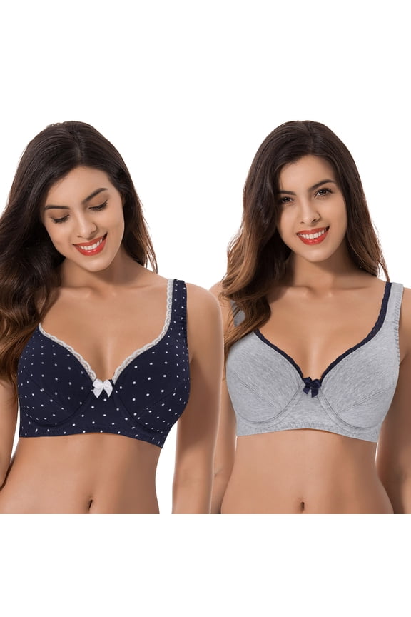 Women’s Unlined Plus Size Comfort Cotton Underwire Bra-Navy/White,Grey-40C