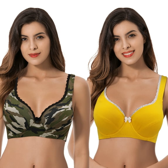 Curve Muse Women’s Unlined Plus Size Comfort Cotton Underwire Bra-OLIVE/MULTI,YELLOW-36B