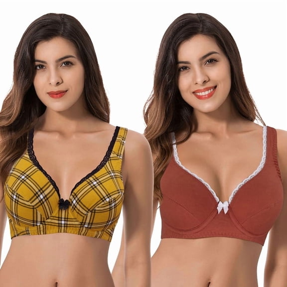 Curve Muse Women’s Unlined Plus Size Comfort Cotton Underwire Bra-Yellow/Black,Rust-34B