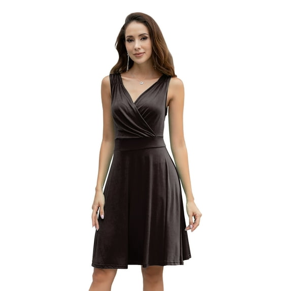 Curve Muse Women's Wrap V Neck Sleeveless Pleated Shoulder Midi Dress-Black-S