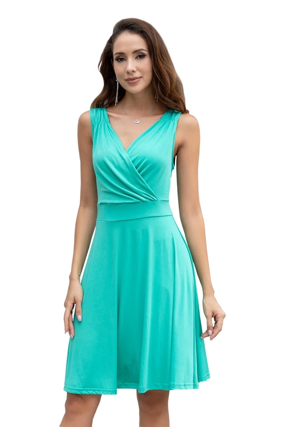 Women's Wrap V Neck Sleeveless Pleated Shoulder Midi Dress-Green-XL