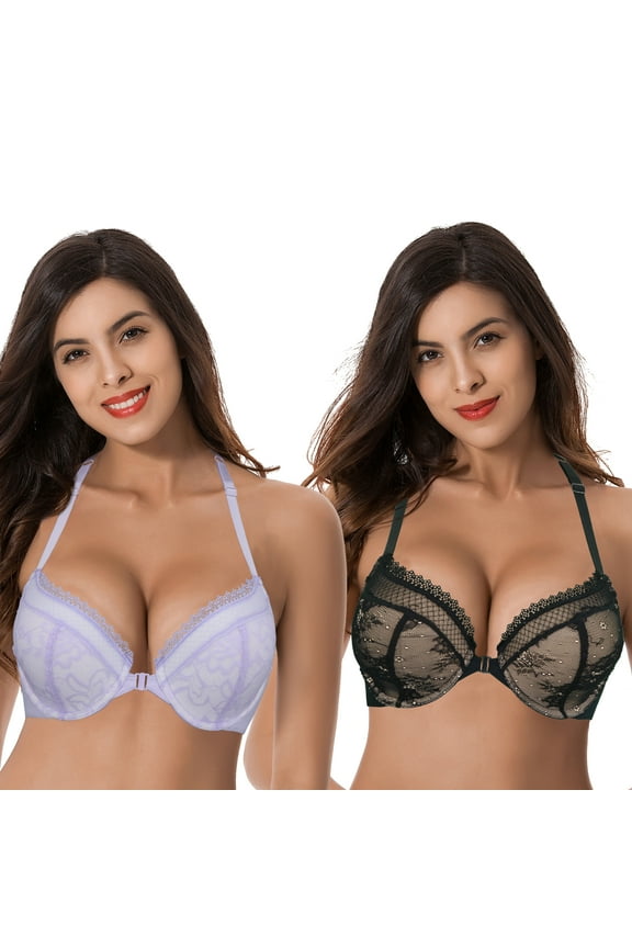 Womens Plus Size Add 1 Cup Push Up Underwire Halter Front Close Bras-2PK-BLACK,LAVENDER-40DDD