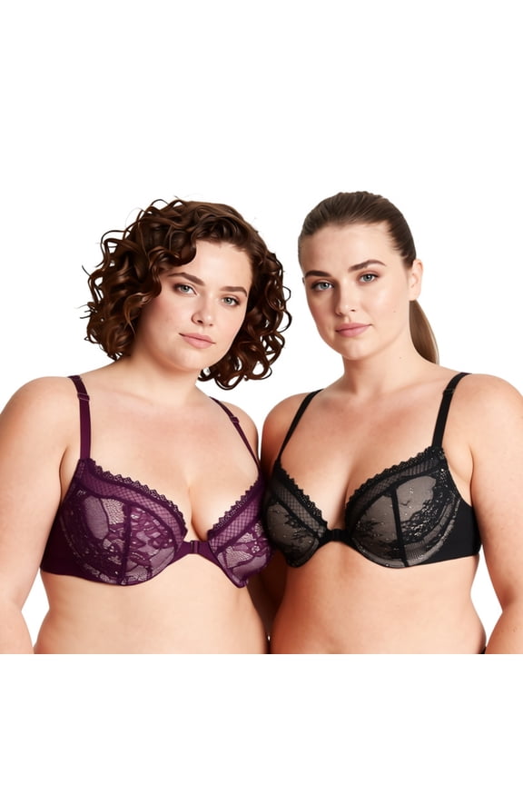 Women's Plus Size Push Up Add 1 Cup Underwire Halter Front Close Bras-2PK-Black,Wine-44D