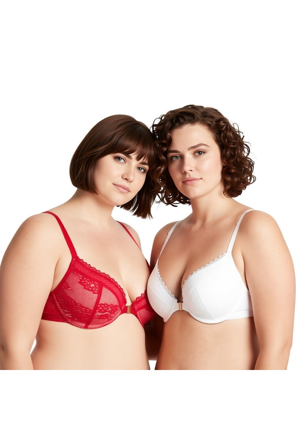 Women's Plus Size Push Up Add 1 Cup Underwire Halter Front Close Bras-2PK-Red,White-46DD