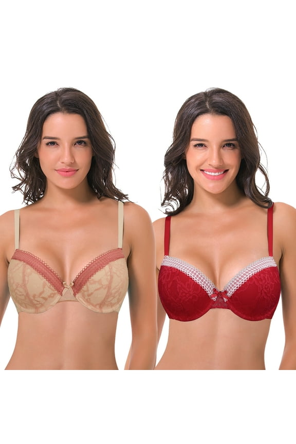 Womens Plus Size Lightly Padded Balconette Lace Underwire Bra-2Pack-NUDE,RED-42C
