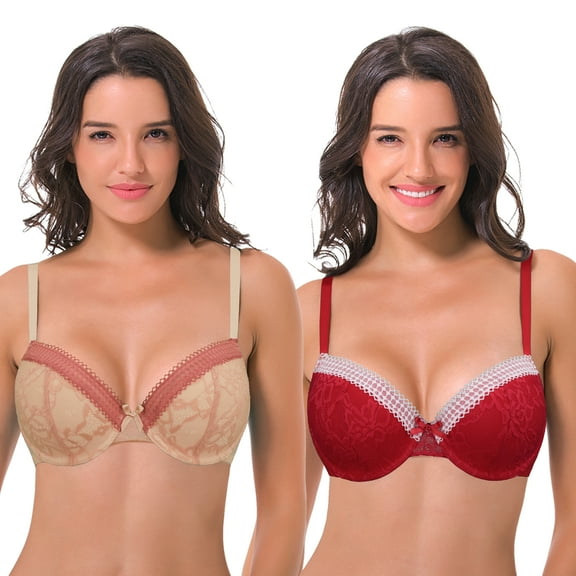 Curve Muse Womens Plus Size Lightly Padded Balconette Lace Underwire Bra-2Pack-NUDE,RED-42C