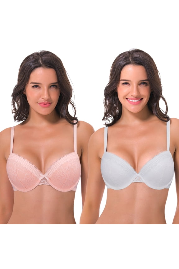 Womens Plus Size Lightly Padded Balconette Lace Underwire Bra-2Pack-WHITE,PINK-40DD