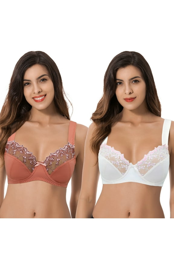 Womens Plus Size Minimizer Underwire Bra With Lace Embroidery-2 Pack-BROWN,BUTTER MILK-46C