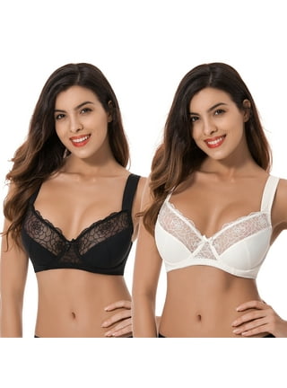 Curve Muse Plus Size Minimizer Unlined Wireless Bra with Lace  Embroidery-3Pack-Navy,Yellow,Black-34B at  Women's Clothing store