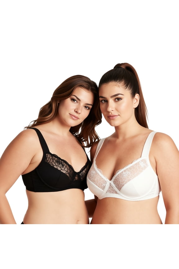 Womens Plus Size Minimizer Underwire Bra With Lace Embroidery-2 Pack- Black,Butter Milk-36DD