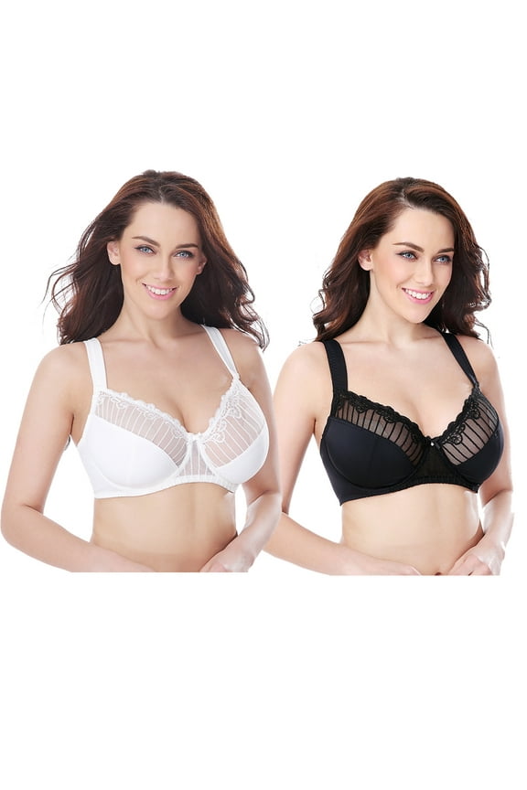 Womens Plus Size Minimizer Underwire Bra With Lace Embroidery-2 Pack-Butter Milk, Black-40D