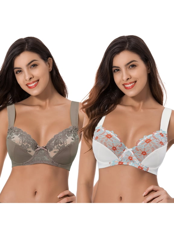 Womens Plus Size Minimizer Underwire Bra With Lace Embroidery-2 Pack-Grey,Cream-34DD