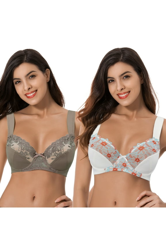 Womens Plus Size Minimizer Underwire Bra With Lace Embroidery-2 Pack-Grey,Cream-34DD
