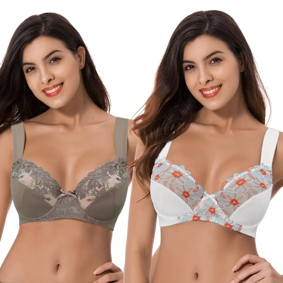 Curve Muse Womens Plus Size Minimizer Underwire Bra With Lace Embroidery-2 Pack-Grey,Cream-42DDDD