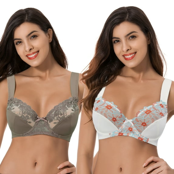 Curve Muse Womens Plus Size Minimizer Underwire Bra With Lace Embroidery-2 Pack-Grey,Cream-46DD