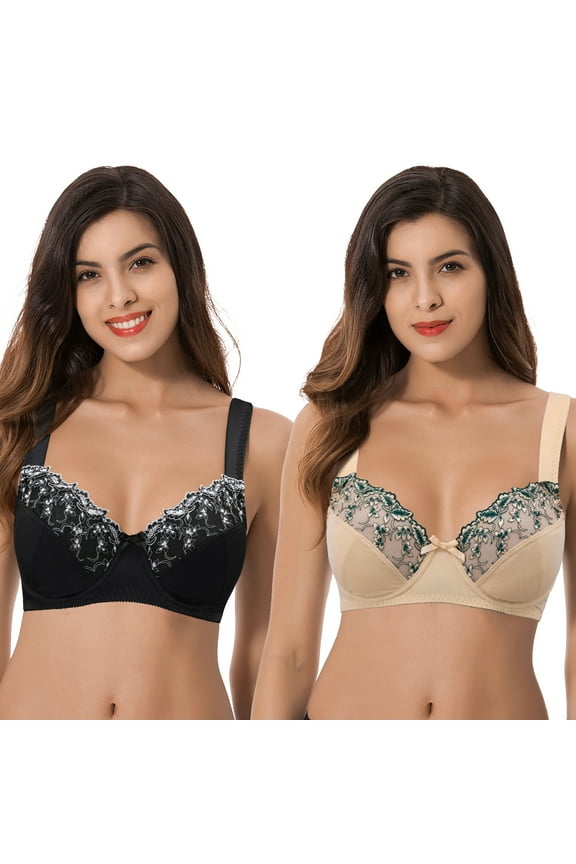 Womens Plus Size Minimizer Underwire Bra With Lace Embroidery-2 Pack-NUDE,BLACK-34C