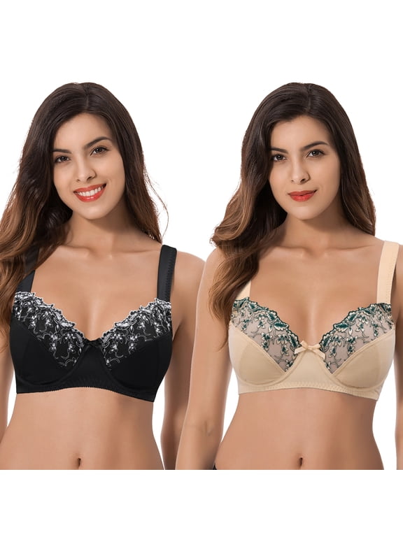 Womens Plus Size Minimizer Underwire Bra With Lace Embroidery-2 Pack-NUDE,BLACK-34DDDD