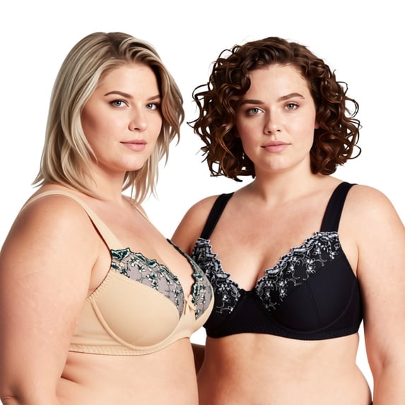 Curve Muse Womens Plus Size Minimizer Underwire Bra With Lace Embroidery-2 Pack-NUDE,BLACK-42C