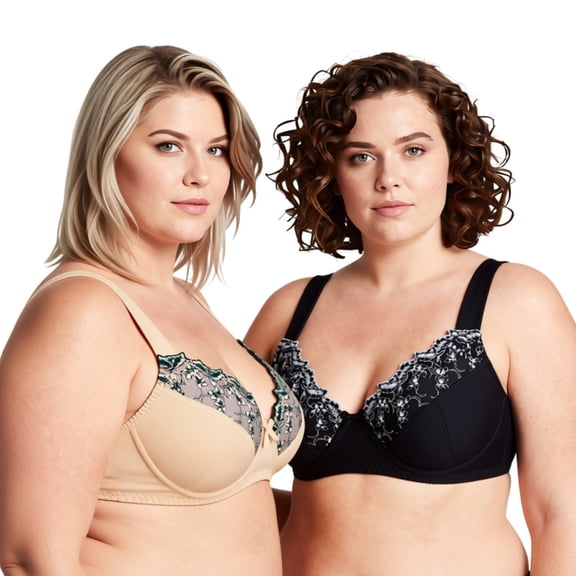 Curve Muse Womens Plus Size Minimizer Underwire Bra With Lace Embroidery-2 Pack-NUDE,BLACK-46DDD
