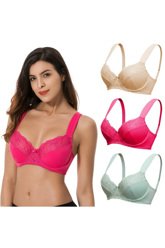 Womens Plus Size Minimizer Underwire Bra With Lace Embroidery-3 Pack-ROSE,SAGE,NUDE-48DDD