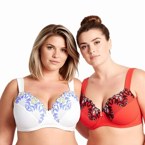 Curve Muse Womens Plus Size Minimizer Underwire Unlined Bra with Embroidery Lace-2Pack-BUTTERMILK, CHERRY TOMATO-34B
